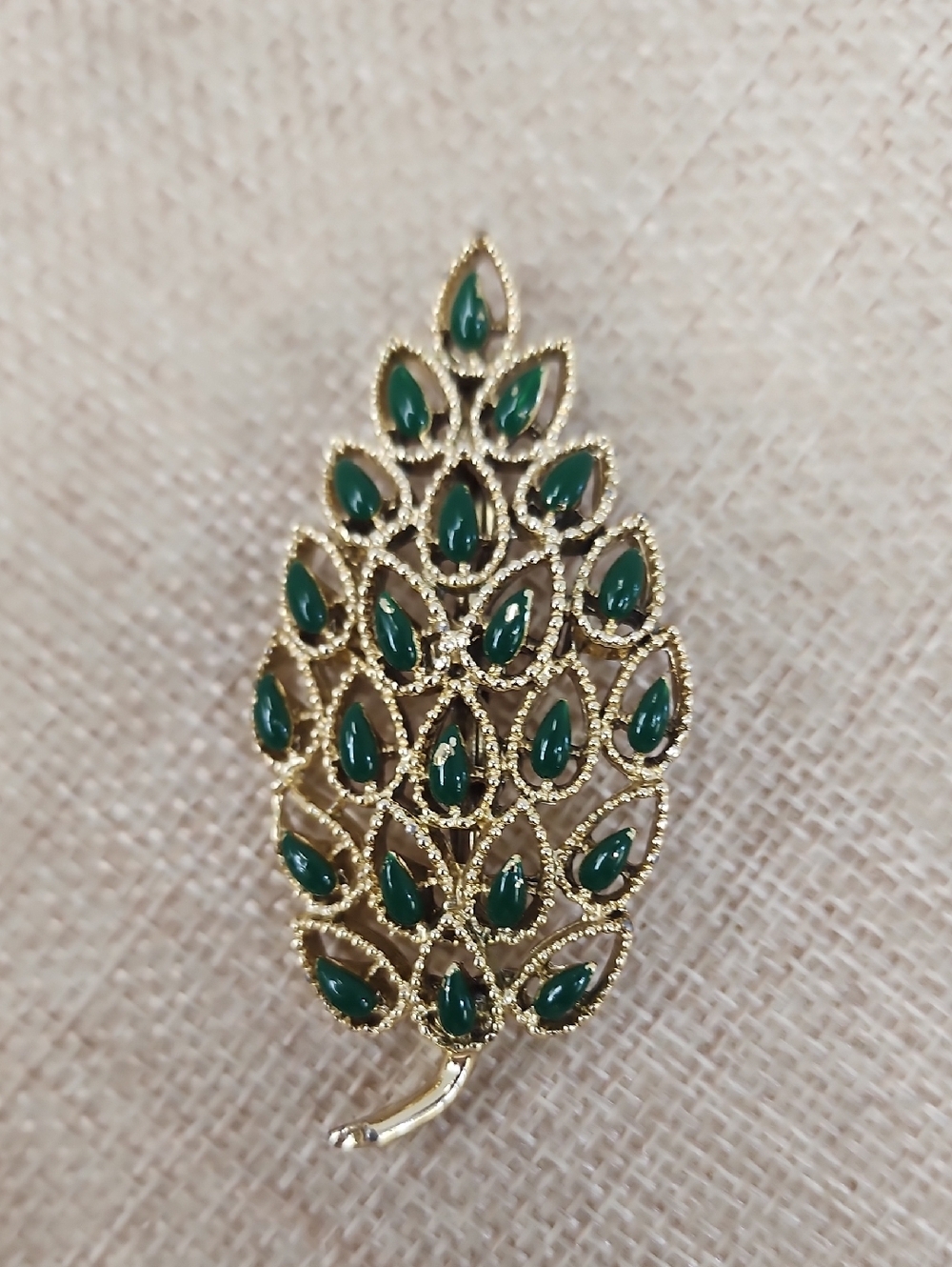 Gold Leaf Brooch Pin Green Rhinestone Statement Vintage Style One Size